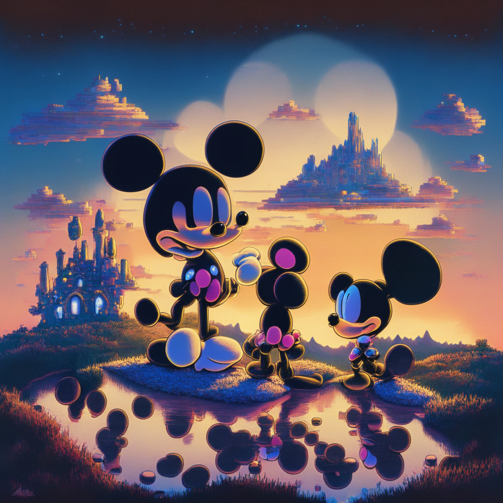 Mickey Mouse, Minnie Mouse, and Pluto in their digital, non-fungible forms, shimmering with pleasant excitement on the picturesque landscape of Flow blockchain. Rendered in a hauntingly beautiful pixilation style, the image is bathed in soft twilight hues that evoke a sense of mystery and new beginnings. The overall mood is a fusion of nostalgic bliss and euphoric anticipation for the future.
