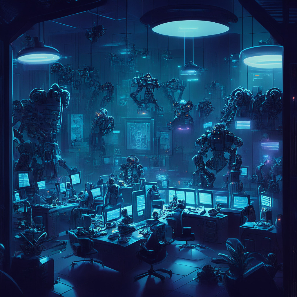 An intricately detailed office filled with various high-tech gears, a task-force of diverse robots in Disney-themed designs busily working, huddled around holographic displays of 'AI'. The ambience is twilight with dramatic chiaroscuro lighting, amplifying an air of uncertainty, anticipation. The mood is both promising and concerning, echoing the clash of cutting-edge technology and job security.