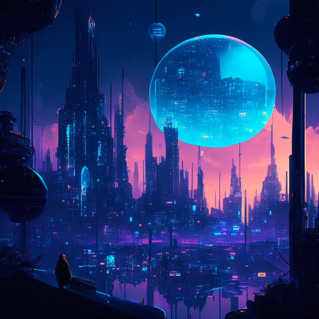 Digital cyberpunk scene showcasing a buoyant hi-tech stock exchange setting under a sapphire twilight sky. Exclusive, translucent group chat bubbles aloft in the foreground, surrounded by hidden communities. Ethereal cityscape in the background, radiating an anticipatory mood of potential overreach and economic focus. Art Nouveau undertone for a sense of emerging trend and innovation.