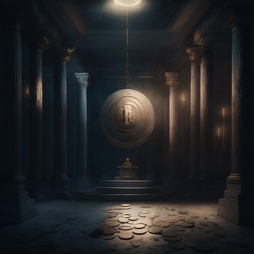 A dimly lit space symbolizing skepticism and hesitation, home to a digital ruble coin with a Russian aesthetic, surrounded by representation of the wary populace. Artistic blend of realism and digital art style. Mood is mindful caution, intrigue, and subtle optimism.