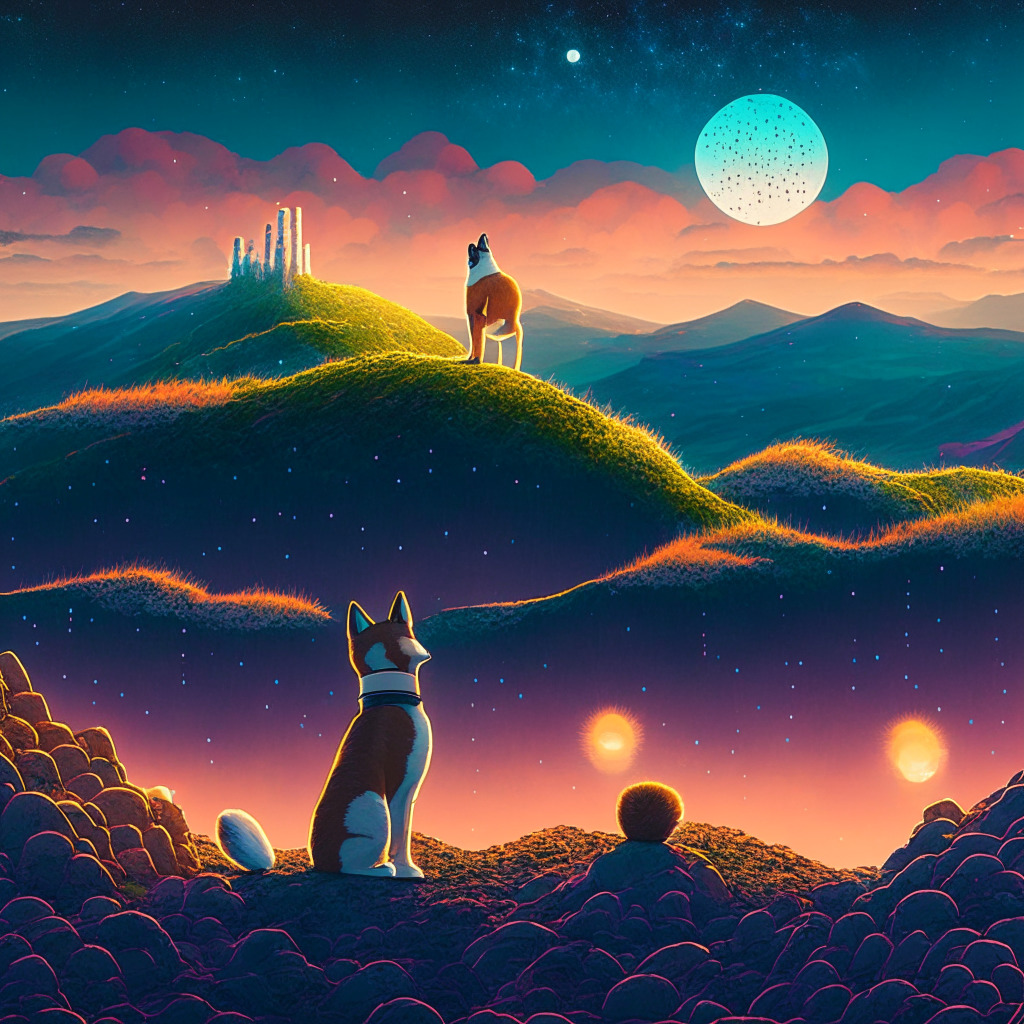 A surreal digital landscape at dusk, key elements symbolising DOGE's potential comeback. A lone Shiba Inu dog, a representative mascot for Dogecoin, stands at the edge of a precipice overlooking a valley filled with vibrant, scatter plot-like glowing orbs, representing the dynamic crypto market. The atmosphere is moody yet hopeful signifying uncertainty but potential growth, with a dominating color scheme of cool blues and silvers signifying a futuristic, digital realm.