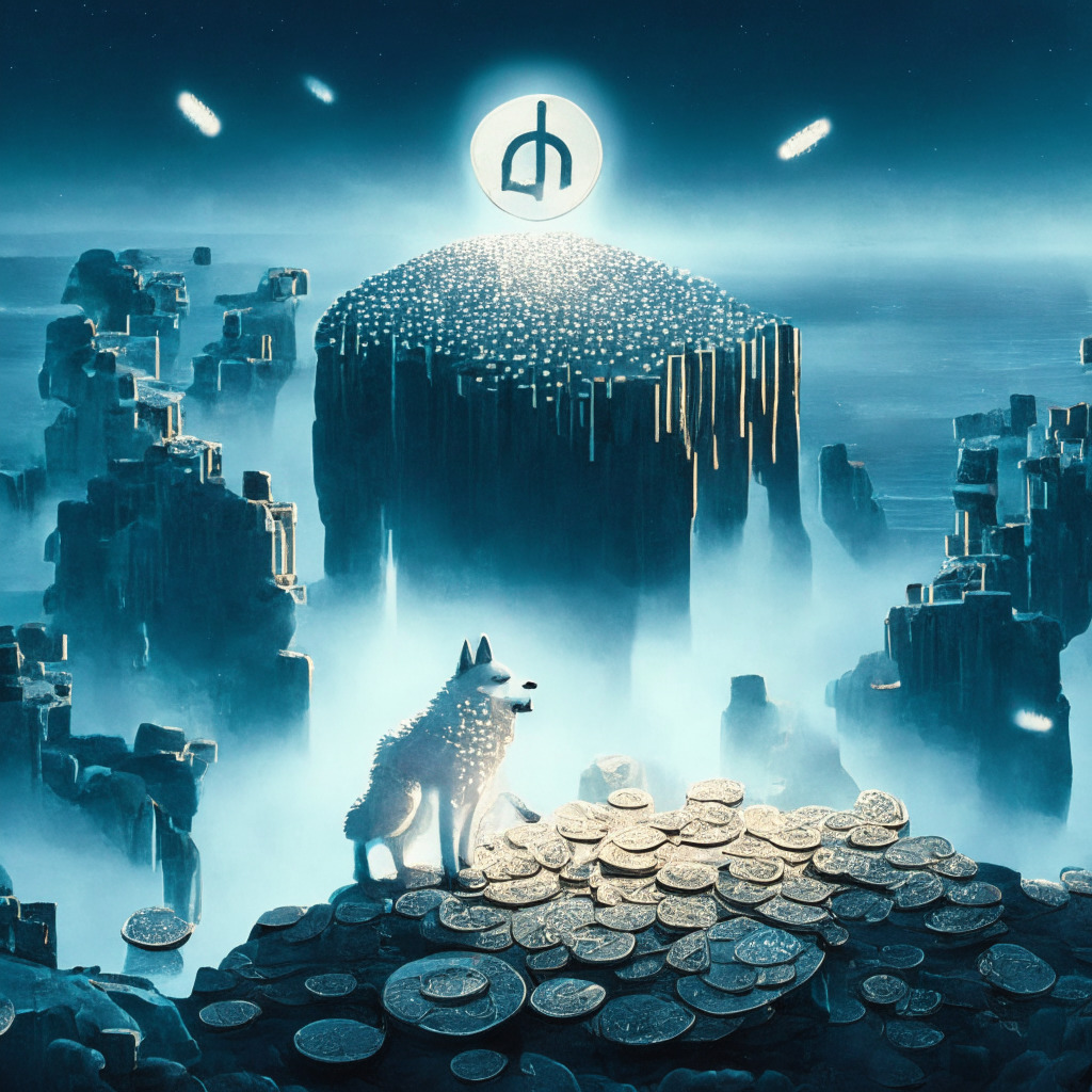 A surreal digital marketplace with cryptic numbers floating in a hazy ambience, pixelated coins dancing amid glowing nodes & holograms of trending social media symbols. Spotlight on a whimsical, silver Dogecoin, standing at the edge of a cliff, casting a mysterious, hopeful gaze on the horizon. Ambiguous shadows hint at unseen characters, such as tech visionaries. The mood evokes tension, possibility, and an unsettling calm waiting for a potential breakthrough. Recreate this scene in Elon Musk-Stanley Kubrick hybrid style.