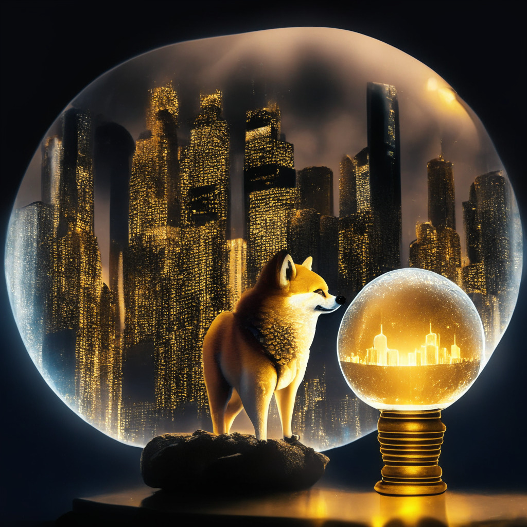 A dramatic nighttime cityscape, skyscrapers embodying the turbulent crypto market. Dogecoin, a playful Shiba Inu, sadly sinking into shadows, signifying its decline. Above, a warm light emanates from a digitally styled crystal ball held by Google's AI, Bard, forecasting Dogecoin's rise. Amidst this, a shiny, new coin, $WSM, hovers as a rising star, symbolizing potential supremacy.