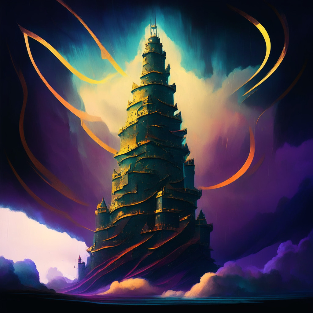 A towering fortress representing Tether, casting long shadows on smaller surrounding structures depicting competing stablecoins, depicted in strong and bold colors. The fortress (Tether) stands tall, shielded by an aura of metallic sheen signifying economic robustness, surrounded by swirling uncertainties of regulation checks in the form of storm clouds. Smaller structures appear faltering in the storm, their height and integrity fading in comparison to Tether. The entire scene bathed in an early morning light signifying Tether's ability to withstand crises and dawn a new day, maintaining balance, while a hint of drama in the shadows reflects the challenging market environment.