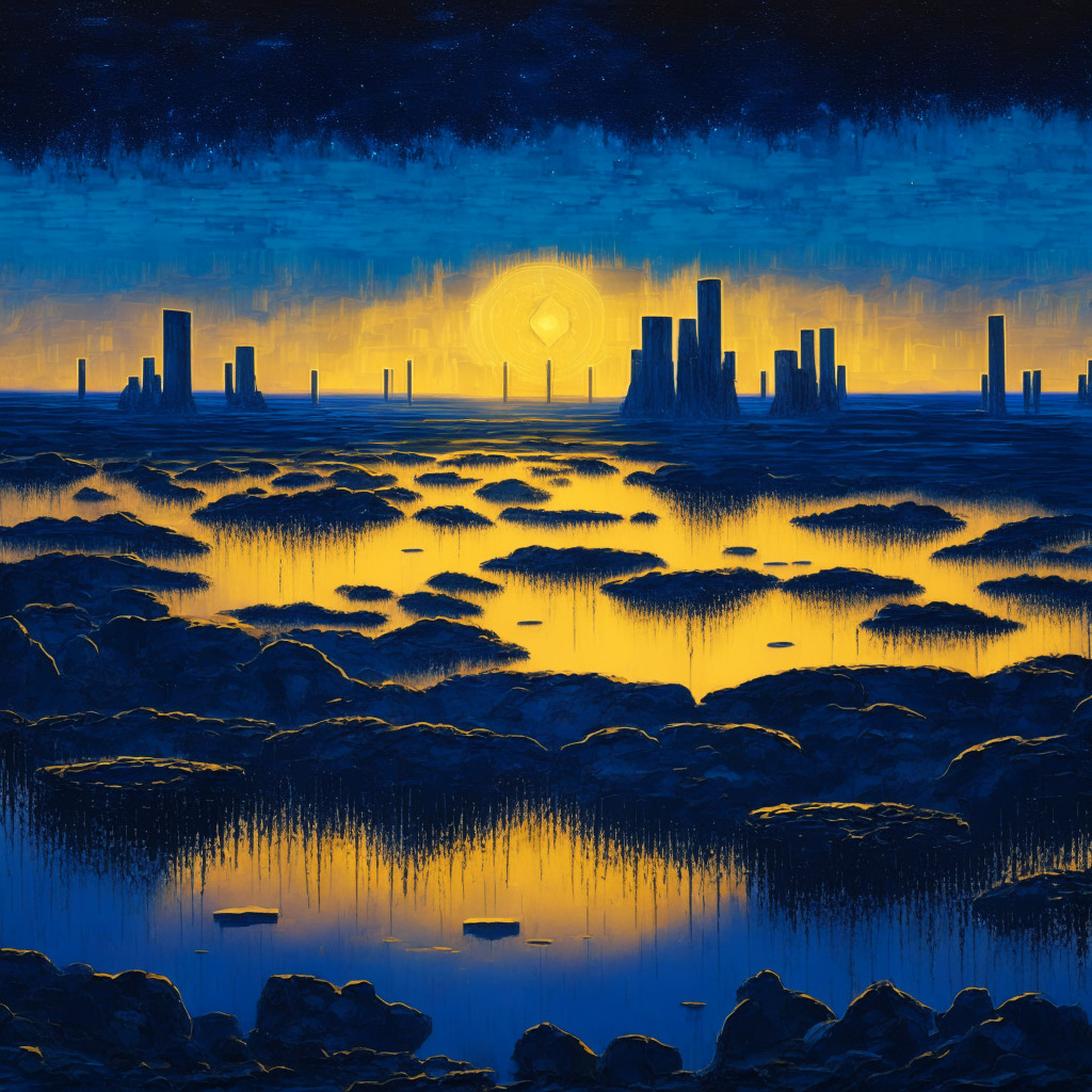 An evocative, post-impressionistic vision of a vast blockchain landscape at dusk, bathed in shades of sapphire and gold. In the foreground, manifest countless dormant Bitcoins, their golden glow dimmed, representing the long-term investment hopes. In the distant horizon, monolithic structures indicating investment vehicles emerge, subtly casting long, ominous shadows to hint at the evolving financialization. The scene's mood should carry a serene undertone of anticipation, with a twinge of uncertainty.