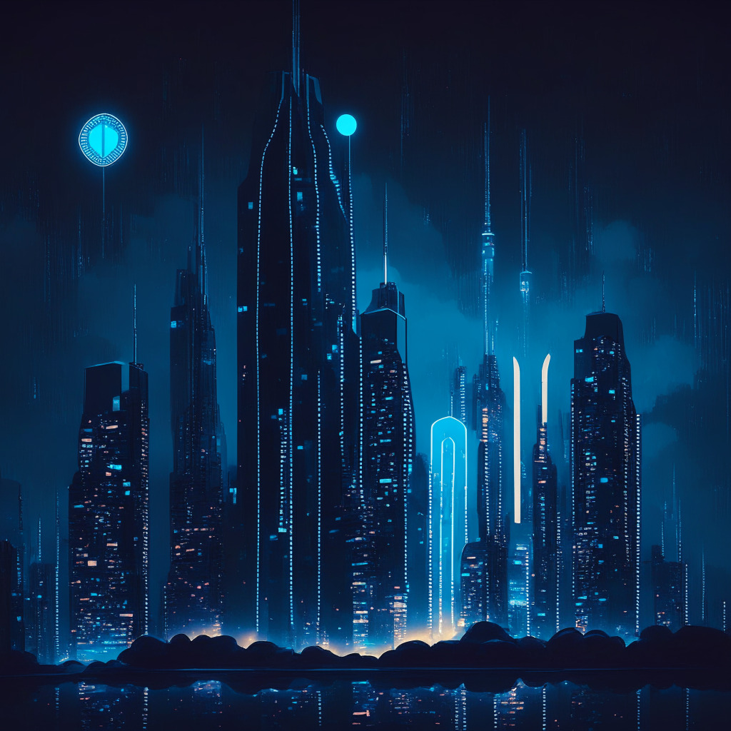 A futuristic, illuminated city skyline at dusk, skyscrapers with glowing lights symbolising a fluctuating market. In the sky, a giant, semi-transparent Bitcoin coin is either rising or setting, reflecting the ambiguity of its future. The city is filled with a sense of suspense, uncertainty yet hints at an upturn. The palette is moody, with blues and purples, casting a sense of uncertainty and intrigue.