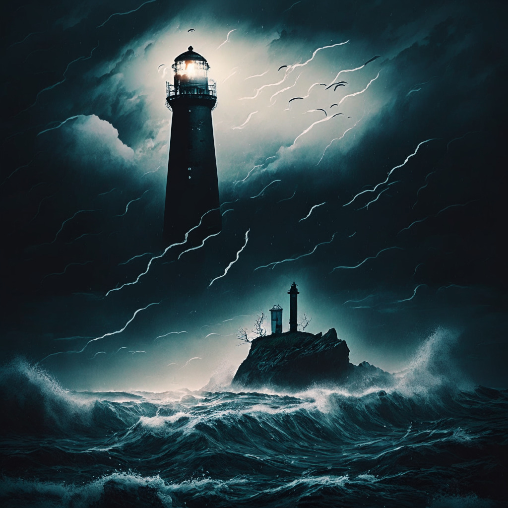 A surreal scene depicting a tumultuous ocean under a misty, stormy sky with a silhouetted lighthouse in the distance casting a faint hopeful light. The scene also includes crypto coins sinking into the depths of the ocean. The style is rich and atmospheric, with contrasting dark and light elements, highlighting the uncertainty and volatility of the crypto market. Mood is tense, foreboding, yet expectant.