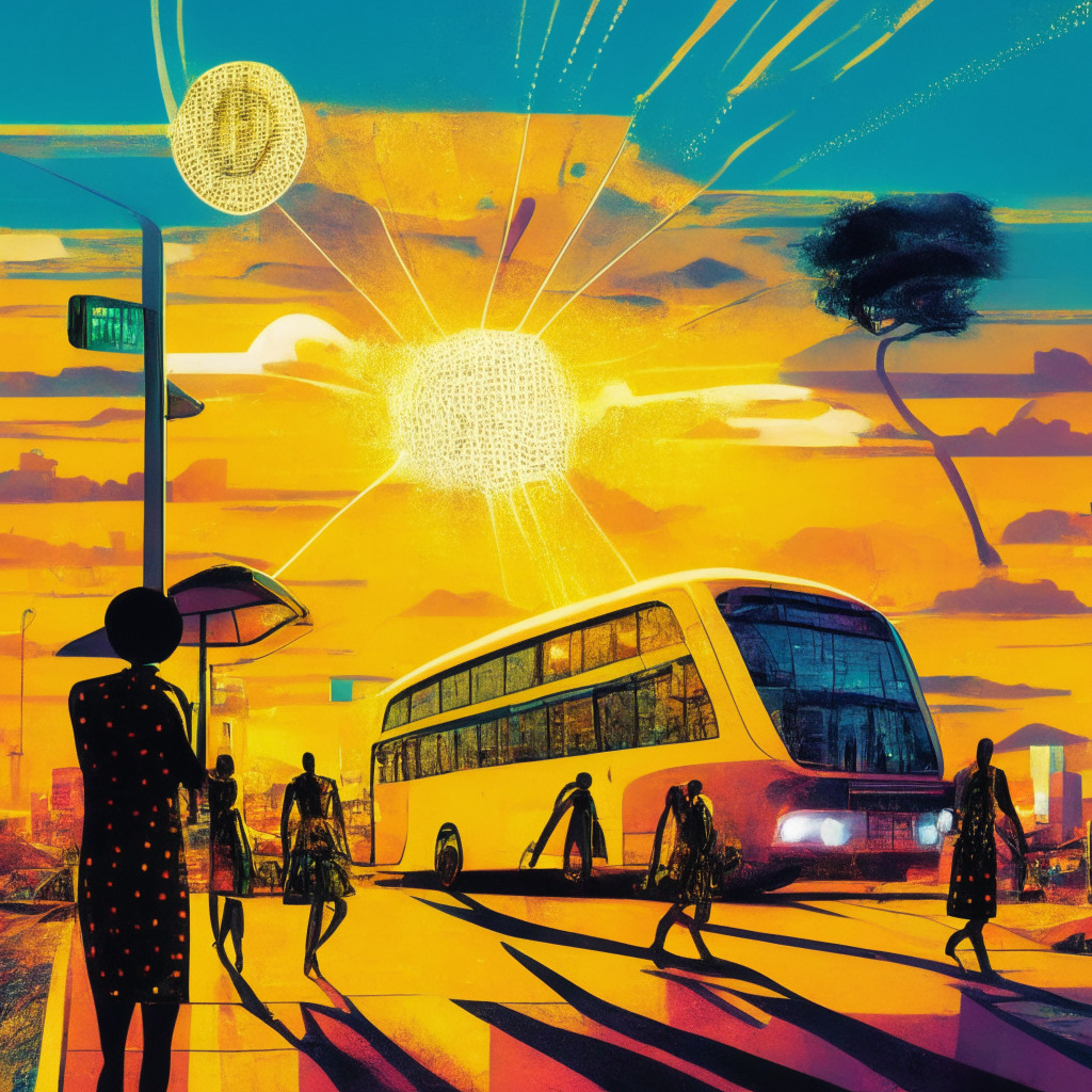Futuristic representation of Jamaica's public transportation, aglow under a sunset sky, dotted bus and taxi drivers digitally transacting with a Swiss-style visual of the Jam-Dex symbol, indicating the transition to digital currency. Impressionistic style captures the reluctance and anticipation, a palpable sense of potential transformation.
