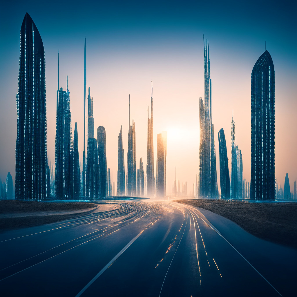 Sunrise over a futuristic Dubai cityscape, hinting at the dawn of a new crypto era, the sky mirrored with binary code, Verdigris skyscrapers depicting growth and opportunity. In the foreground splits a binary-coded highway, one side a well-trodden road, the other a new, uncertain path. The scene has a faint ethereal blue glow implying the risk factor and mystery present.