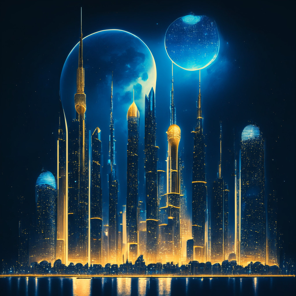 A futuristic, picture-perfect cityscape of Dubai at night, cryptic lights pulsating on skyscrapers visualizing asset trades, an oversized golden coin symbolizing cryptocurrency as centrepiece and a large, imposing symbolic balance scale depicting regulation vs decentralization hovering in the sky. The image glows in ambiguous twilight, blue hues representing the tensions, yet painting the impressive growth of the crypto scene. A blend of modern and impressionist styles.