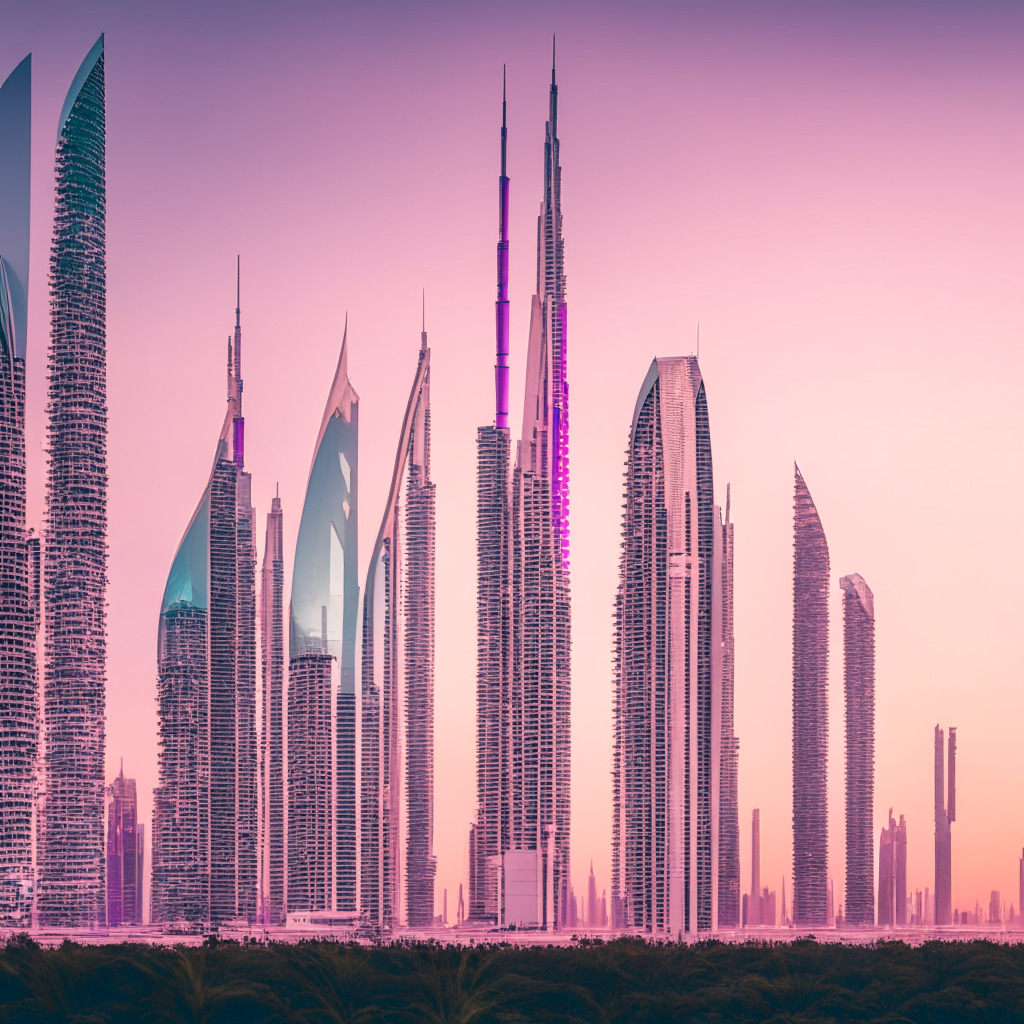 Dubai skyline at dawn, awash in pastel hues, symbolizing the city's transition into a pro-tech hub. Futuristic architectures filled with digital and AI companies, with a visible emphasis on web3 firms and creative NFT spaces. Geometric patterns revealing bustling technology zones, a fertile ground for innovation. Bright, optimistic lighting reflecting Dubai's ambition for a digital future. Mood: vibrant, innovative.