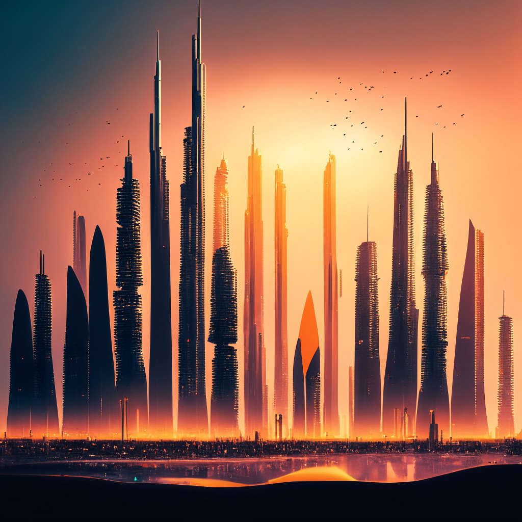 Dubai's futuristic skyline dominated by AI and Web3.0 tech campuses, bathed in the glow of a setting sun, symbolizing new beginnings. A swarm of diverse individuals, signifying global talents, converging towards the tech hub. Slightly abstract, cyberpunk-style artwork, highlighting digital forms and potential roadblocks to balance hustle and challenge.