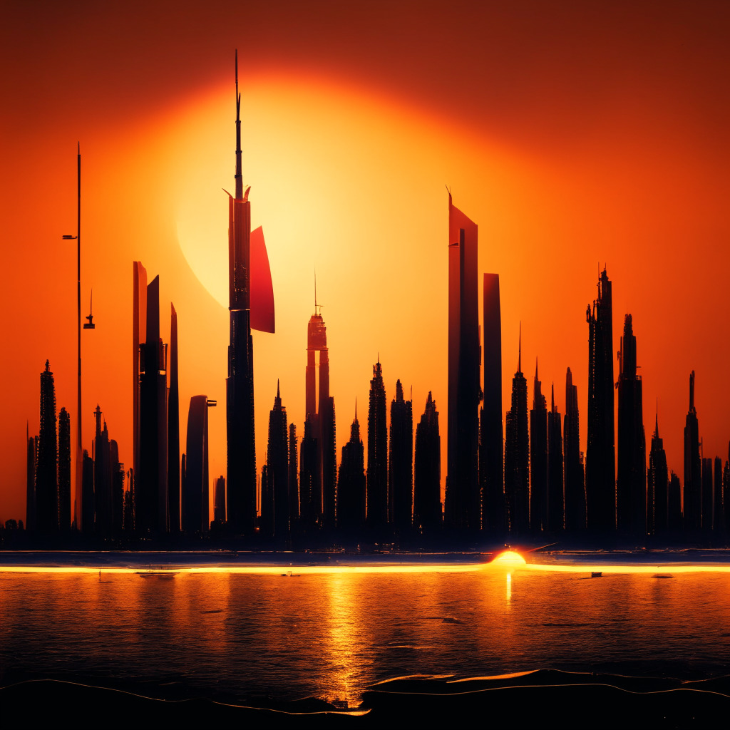 Dramatic evening sunset over Dubai skyline with imposing regulatory towers casting long shadows, hints of red to imply financial loss, dominant field of gold representing hefty bankruptcy-related fines. Spotlight on distress signal to signify warning and caution, and a sunken ship in the distant sea alluding to the failed crypto venture, futuristic digital art style to emphasize the theme of blockchain technology.