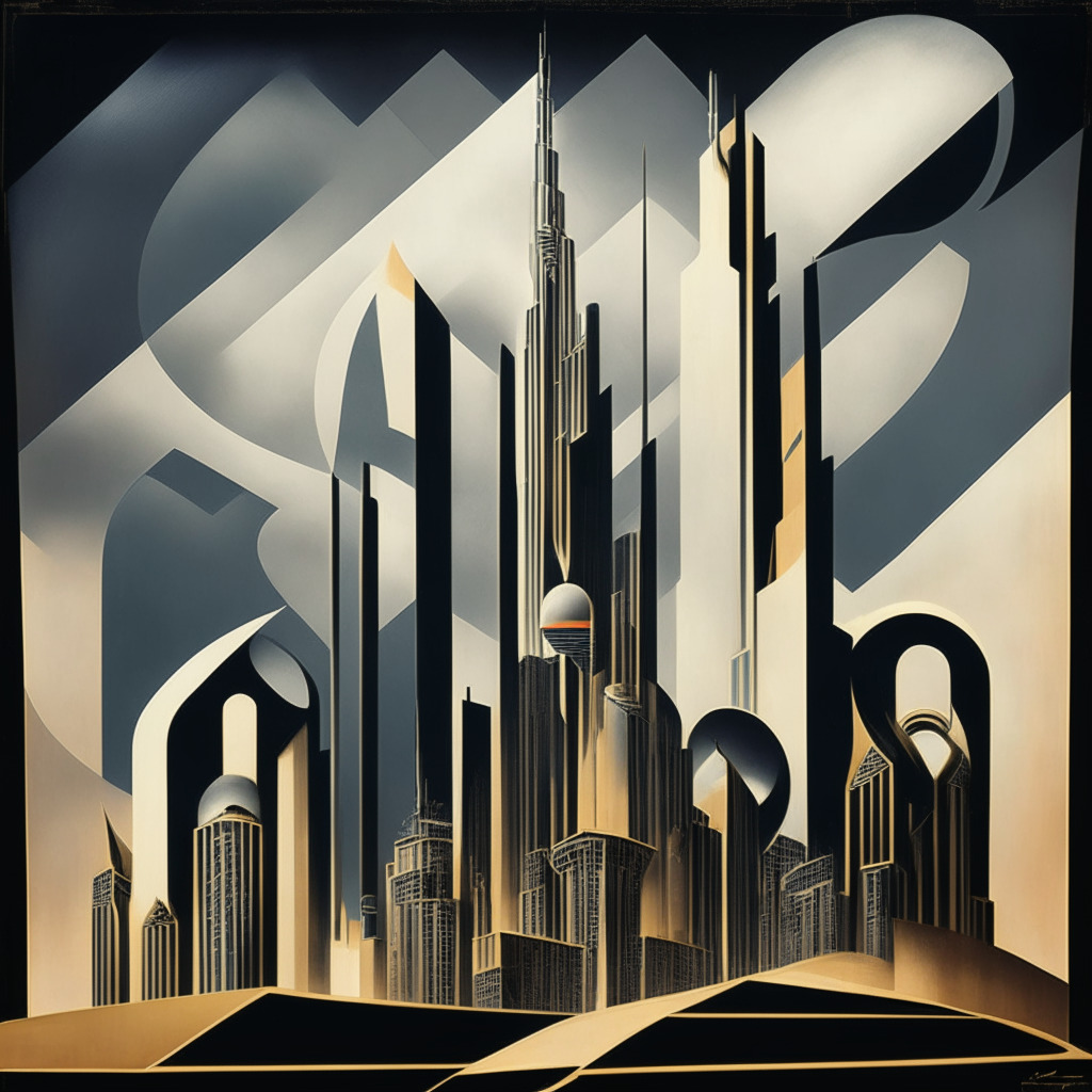 An abstract conceptual representation of a metropolis mirroring Dubai, under a stern moody sky symbolizing firm regulations. In view, a large, imposing scale tilted heavily to one side indicating a hefty fine, with ephemeral cryptocurrency symbols on the lighter end. Style suggestive of 1920s Art Deco, highlights the gravity and importance of maintaining market standards in the backdrop of a twilight setting, casting long analytical shadows on the crypto ecosystem.