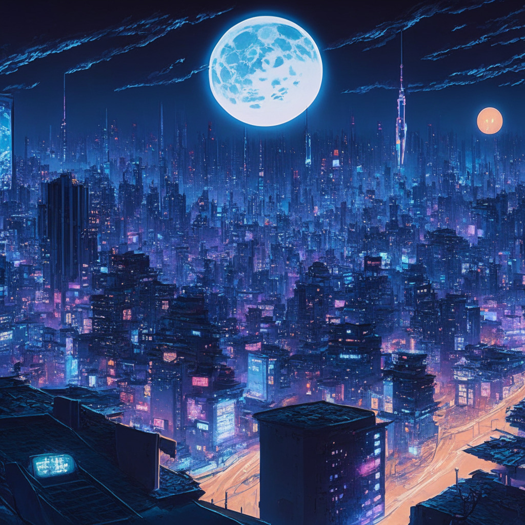 A panoramic view of a bustling Japanese cityscape illuminated by moonlight, with cryptocurrency and gaming symbols radiating brightly, hinting at a futuristic Web3 world. The city is brimming with vibrant optimism, yet an undertone of caution lurks slightly beneath the surface. An almost tangible air of anticipation seems to charge the atmosphere, subtly shifting hues painting a perpetual dusk, to reflect the unpredictable future of the crypto landscape.