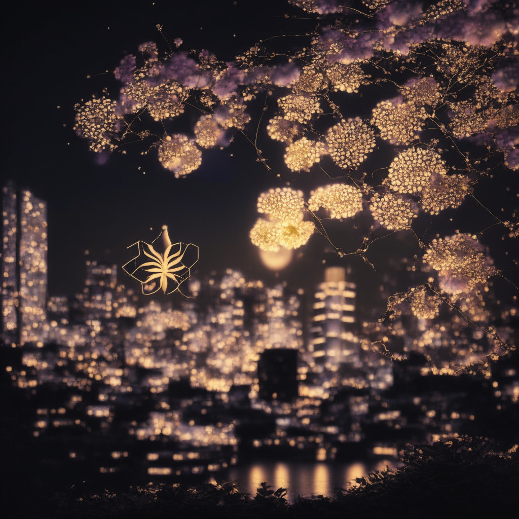 A luminescent representation of the EOS Network, shining gold against the backdrop of a dark, neo-noire style Japanese cityscape at twilight. The EOS tokens are artistically presented as glowing sakura flowers. Evoking a sense of renewed vivacity, the representation of the Japanese yen, traditional and digital, dominates the foreground hinting at a robust future market. All elements bathed in the soft, promising glow of a rising sun, suggesting the dawn of a new era.