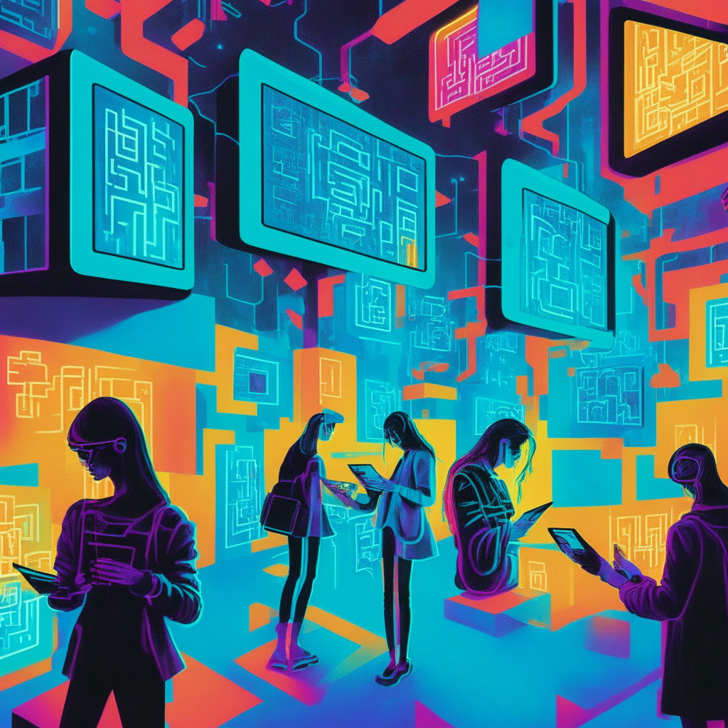 A dynamic, Picasso-style mural, with dominant hues of futuristic neon, featuring faceless students using tablets, connected to a larger entity symbolizing AI. Each tablet screen showing diverse educational games. The setting is vibrant, illuminated by artificial LED lights, suggesting an advanced, digital era. Monte Carlo-style rectangles showing connected Web3 nodes indicate a networked world. Mood is contemplative yet hopeful, underlining the fusion of AI, web3, and education.