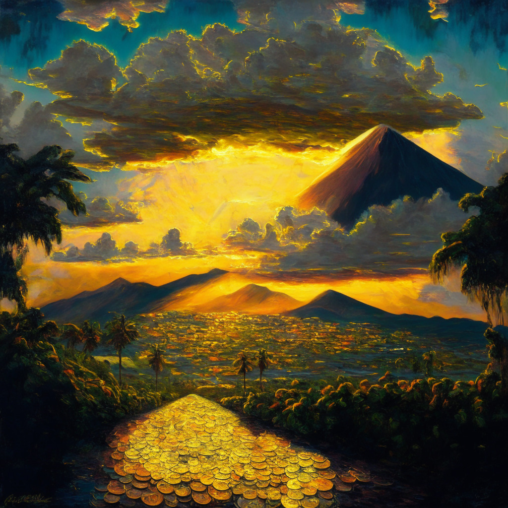 An impressionist-style sunset over El Salvador, golden rays piercing the clouds symbolizing skyrocketed bond yields, Bitcoins glowing as legal tender in the vibrant marketplaces, a path cutting through a lush landscape, representing the uncertain journey in the financial terrain, Dynamic contrasts depict triumphant resolve amidst volatility and uncertainties.