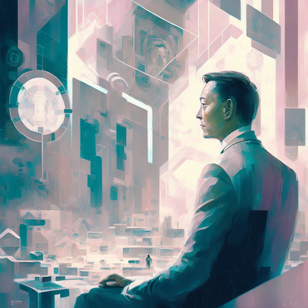 Abstract tech-inspired painting in soft pastel tones, bustling digital trading hub in center filled with intricately designed code and cryptocurrency graphics, Elon Musk thoughtfully overlooking the scene, Art Deco aesthetic. Cool, muted lighting with a sense of apprehensive optimism, reflecting the mood of possible profound change ahead.