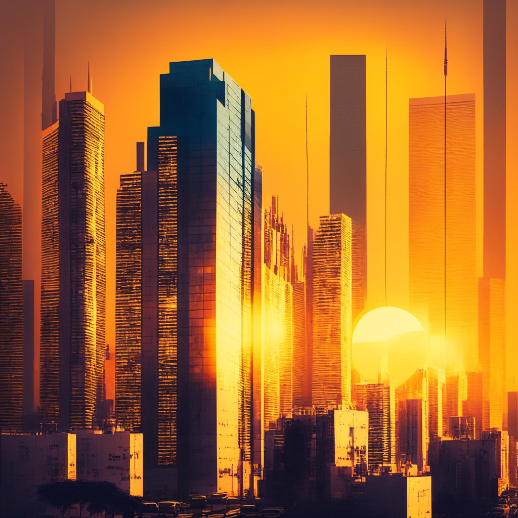 A vibrant cityscape of Tel Aviv in the golden glow of sunrise, the Stock Exchange building stands grandly. Superimposed on this, blockchain rings glow with subtle luminosity, symbolizing digital assets. The mood is a mix of anticipation and caution, captured in contrasting warm and cool tones. Artistic style is modernistic with a hint of cyberpunk, highlighting the fusion of traditional finance with innovative crypto technology.