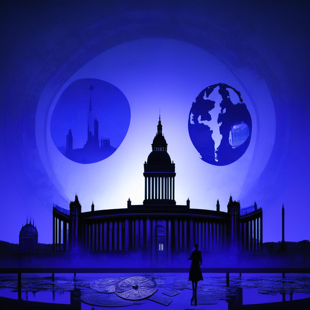 Ethereal dusk setting, celestial hues of blue and purple, a majestic EU parliament building in the center, silhouettes of traditional and futuristic coins representing the transition from physical to digital currency. On the left, a figure symbolizing Stefan Berger lights a beacon, symbolizing hope and progress. Mood: Uncertain yet hopeful.