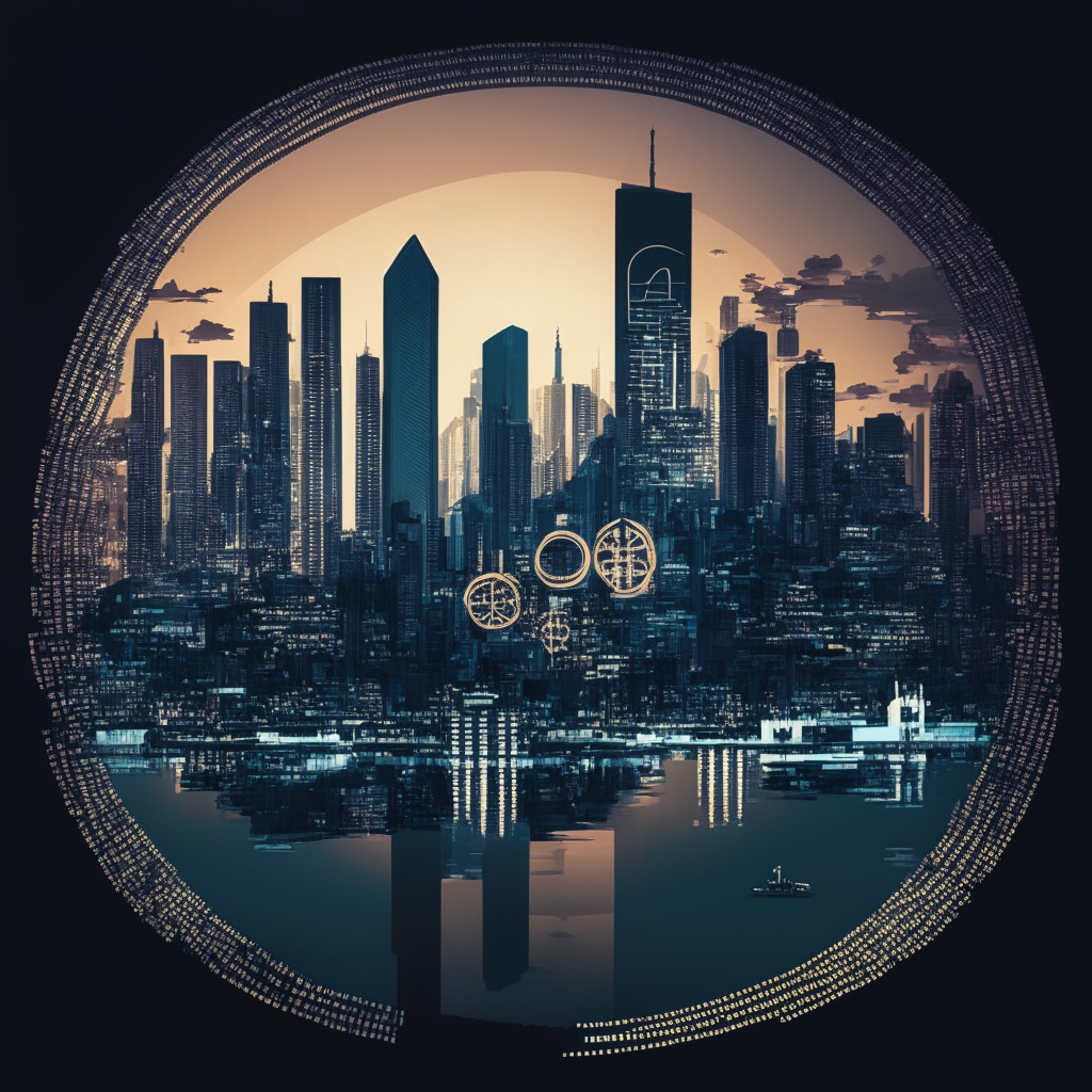 A digital landscape bathed in twilight hues, depicting bustling city of Singapore in the background. In the foreground, symbolic representations of regulation and cryptocurrency co-existing - an elegant emblem of a digital token contrasted against firm, traditional lock. The style is ultra-modern, reflecting the blend of technology and governance. The mood is contemplative, denoting the tension between innovation and control.