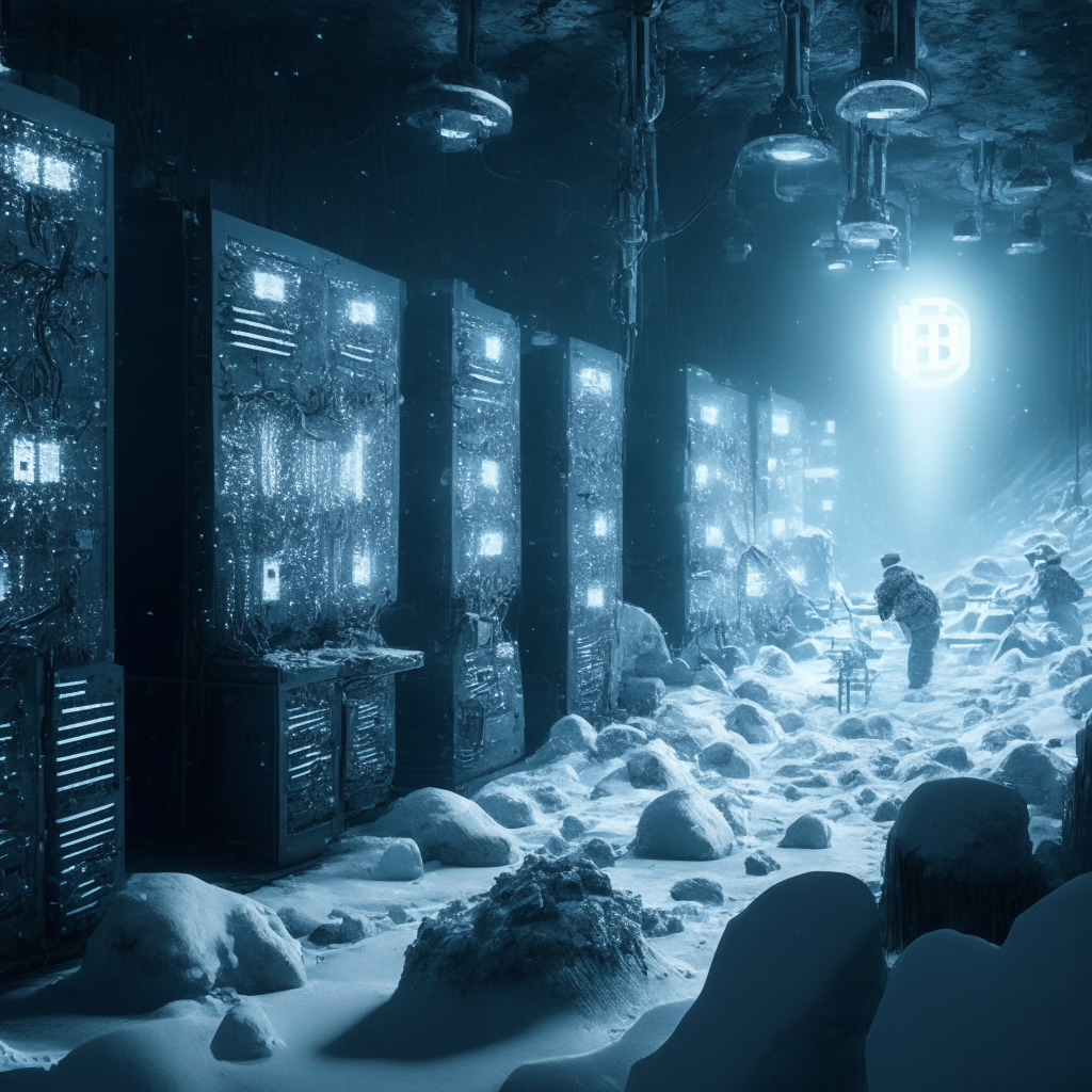 Bitcoin miners becoming AI service providers, set against a crypto winter, with an aura of transition and change. Scene is atmospheric, filled with computer hardware left behind from mining operations, now utilized for AI computations. Light illuminates the futuristic scenario, showing the transformation from blockchain to AI services. Settings include frosty nuances referencing the crypto winter and exuding survival vibes.