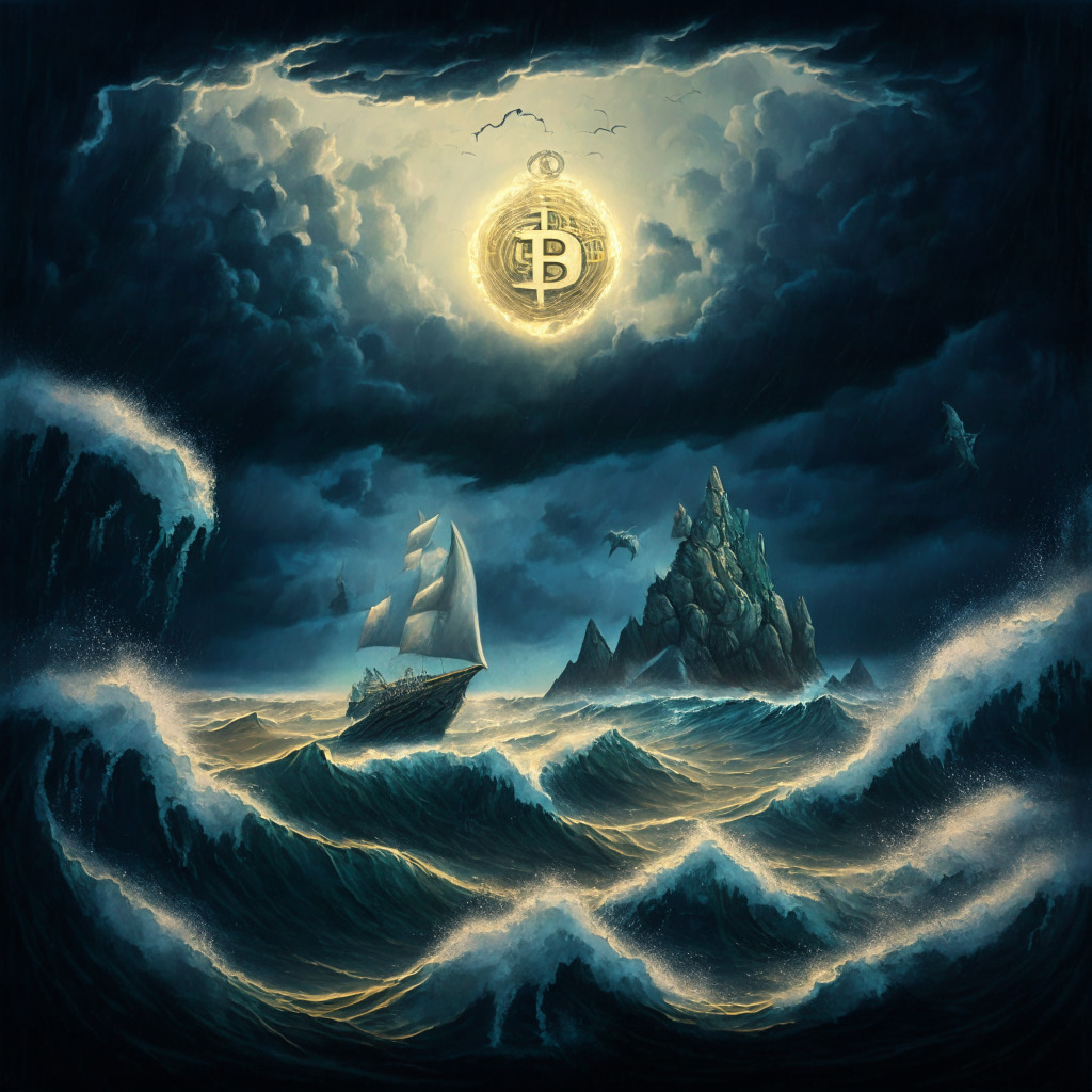 A digital art representing cryptomarket volatility. A vast sea in stormy weather symbolizing bearish trends, interrupted by four islands symbolizing altcoins HBAR, OP, INJ, RUNE in the form of resilient structures. In the backdrop, an ominous Bitcoin pendant, a hovering sphere glowing a hazy $25,000. The painting style reminiscent of the Romantic era, employing strong chiaroscuro, conjuring extravagant drama and emotional nuance.