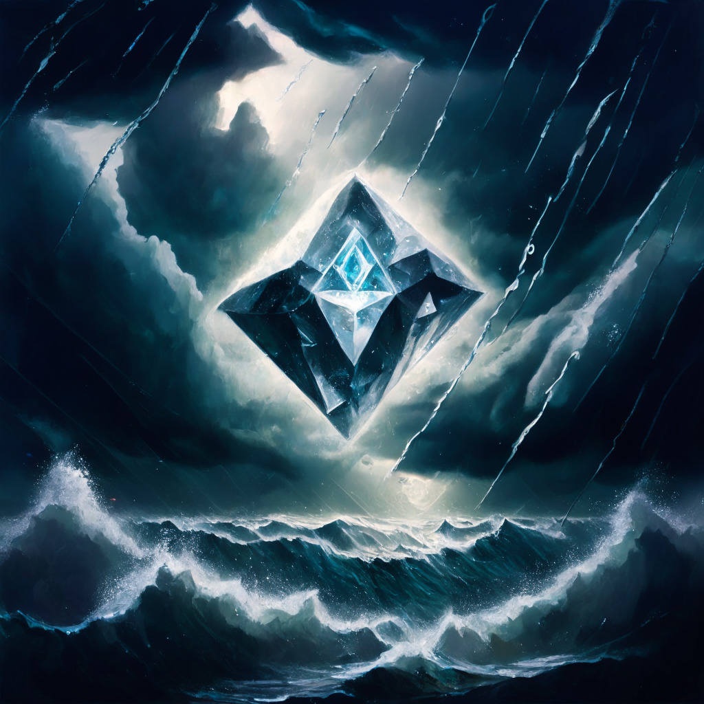 A digital painting of a crystalline diamond emerging from a chaotic, stormy sea under an ominous dark sky. The sea is stylized with pixelated aesthetic, to represent cryptocurrency. The diamond is catching the only available light, highlighting its facets to hint at the uprise of TELE. In the background, beneath the heavy clouds, a gigantic meme coin is rising, glowing with the colors of sunrise, symbolic of $WSM's extraordinary presale. The atmospheric scene is imbued with a muted palette, amplifying the mood of uncertainty and drama.