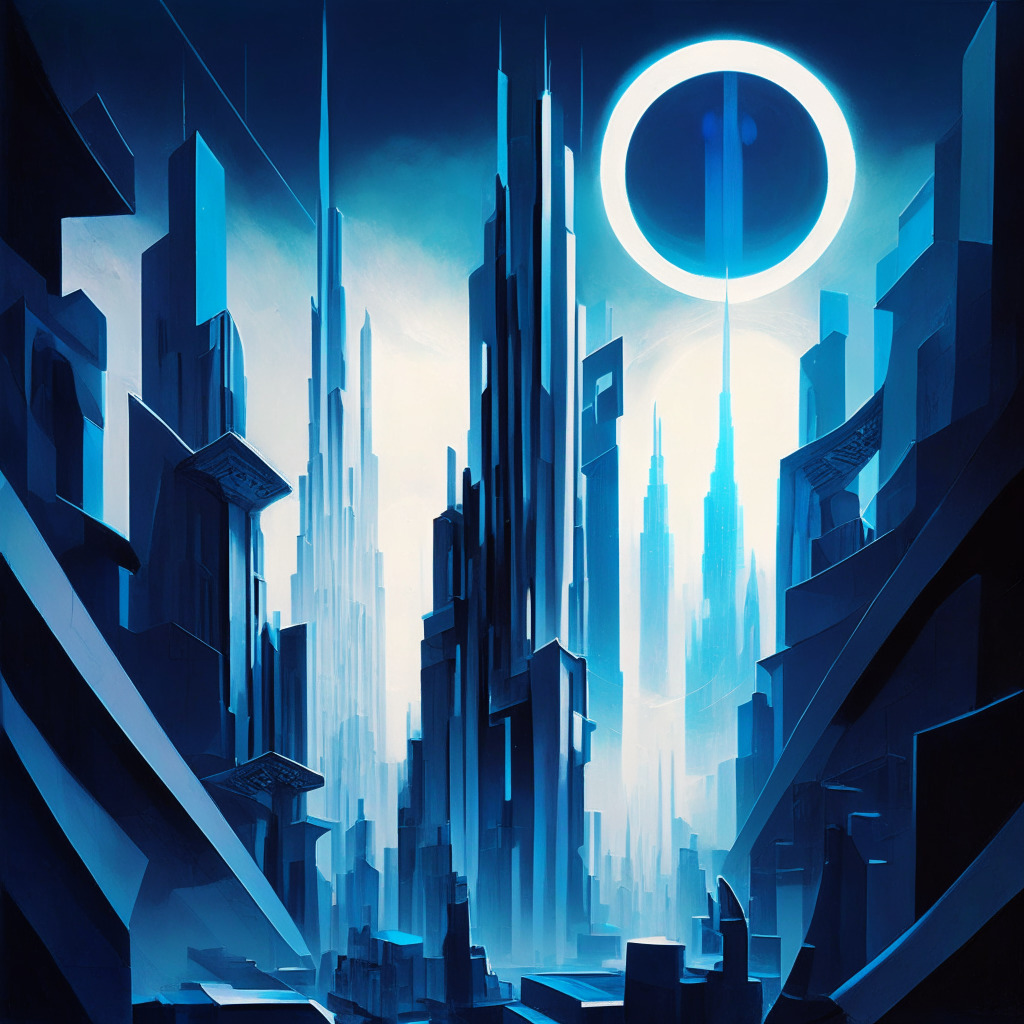 A dawn breaking over a futuristic city symbolizing the emerging futures ETFs, streets paved with ethereal, shimmering grey, representing Ether. In the forefront, a large, glowing, transparent coin balances on a tightrope to indicate volatility. This ethereal landscape is painted in the Cubist style, with sharp, fragmented perspectives. The palette is a mixture of cool blues and grays to set a mood of cautious optimism. Figures representing investors stand below examining the coin, characterized by a relaxed and contemplative posture.