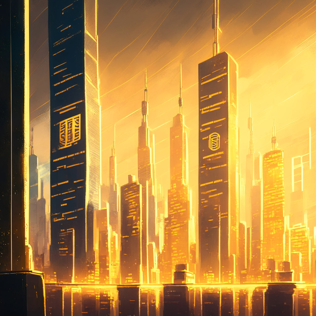 Late evening scene in a high-tech looking financial market, warm shades of gold highlighting Bitcoin logos float prominently, grand skyscrapers view from a height in the background, Impressionist style, conveys the sense of established stability, emergent trust, and an exciting futuristic vibe.