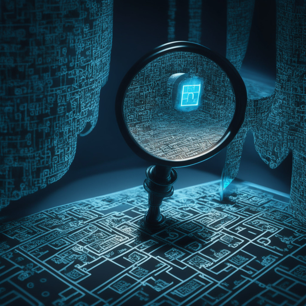 A cloak-and-dagger scene inside a blockchain network showing a magnifying glass checking transactions, encrypted codes, and smart contracts. The lens of the glass illuminates the audited elements, highlighting legitimacy and security. Chiaroscuro light casting dramatic shadows sets a secretive tone, showing suspense in the quest for blockchain integrity. A backdrop of a maze-like code exhibits complexity, complemented by a Baroque style, expressing the intricate detail and scrutiny involved in blockchain auditing.
