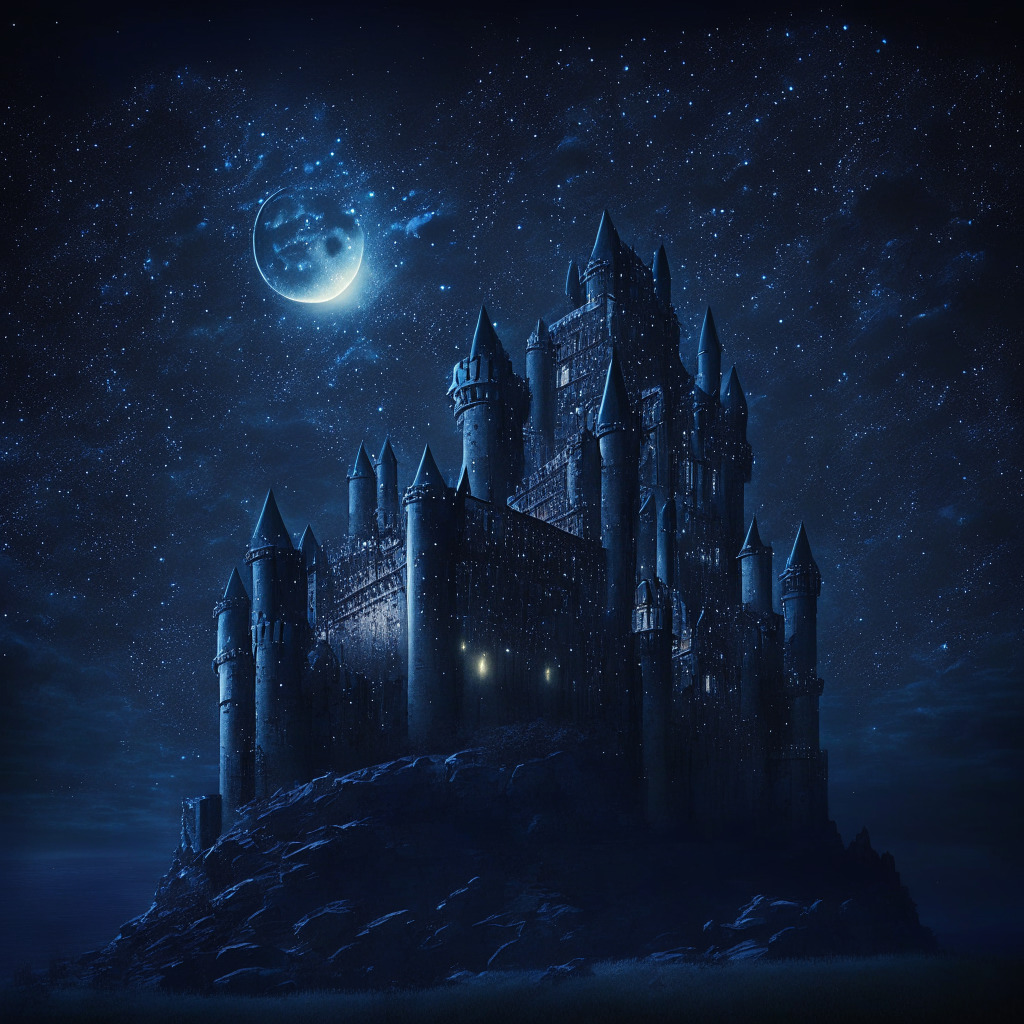 Futuristic data fortress under the night sky, Medieval castle aesthetic, Shimmering moonlight reflecting off the smooth surfaces, Detailed intricate stonework on the fortress walls, Blockchain symbolism artfully engraved into the building, A sense of robust security and calm confidence, Serene, confident mood with the twinkling of distant stars, Dark clouds gathering ominously on the horizon.