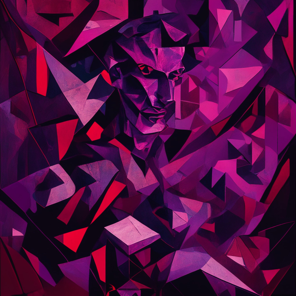 A moody, abstract piece with hues of deep crimson and dark violet, symbolizing the current market downturn. Dominating the scene is an enigmatic figure, representing Ethereum co-founder, Vitalik Buterin, subtly layered with iridescent overlays suggesting fluctuating Ethereum coins. This merge of Cubist and Futurist styles conveys the chaos and unpredictability of the crypto world.