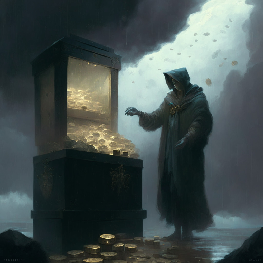 A mysterious scene with an impressionist style, set under an overcast sky. A spectral figure, loosely referencing Ethereum's co-founder, is depositing a chest filled to the brim with resplendent, ethereal coins into a cryptic, old-world exchange booth. The mood is contemplative and uncertain, peppered with undertones of intrigue and skepticism.