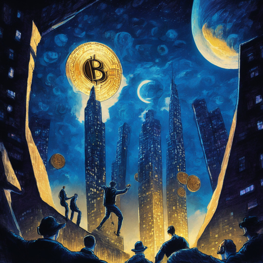 A twilight lit cityscape filled with futuristic skyscrapers, a giant lit Ethereum coin floating in the sky overshadowed by a Bitcoin coin, teams of people symbolizing asset managers are trying to climb a ladder to reach the Ethereum coin. The mood is suspenseful, in a Van Gogh's Starry Night styled swirls imbuing a sense of intrigue, excitement and peril.