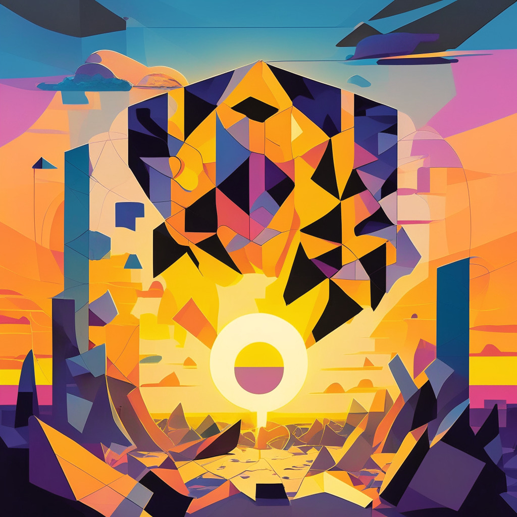 An abstract representation of a volatile crypto market approaching structured form, represented by an unsolved ethereum puzzle morphing into a solid ETF token. The scene conveys a cautious optimism, set under a blooming sunrise illustrating the dawn of a new era. Incorporate a mix of cubist and futurist styles, with a cool color palette to evoke feelings of anticipation and uncertainty.