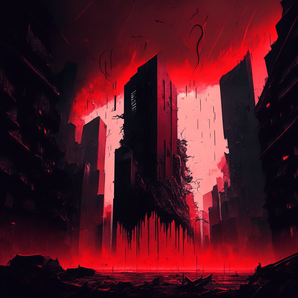 A dark, mysterious scene on an abstract Ethereum cityscape submerged in an ominous red hue, tall buildings fallen into shadow, representing the crash of SwirlLend. A fallen sign symbolizing exit scam. Background of swirling storms underscores the turbulent, complex world of DeFi.