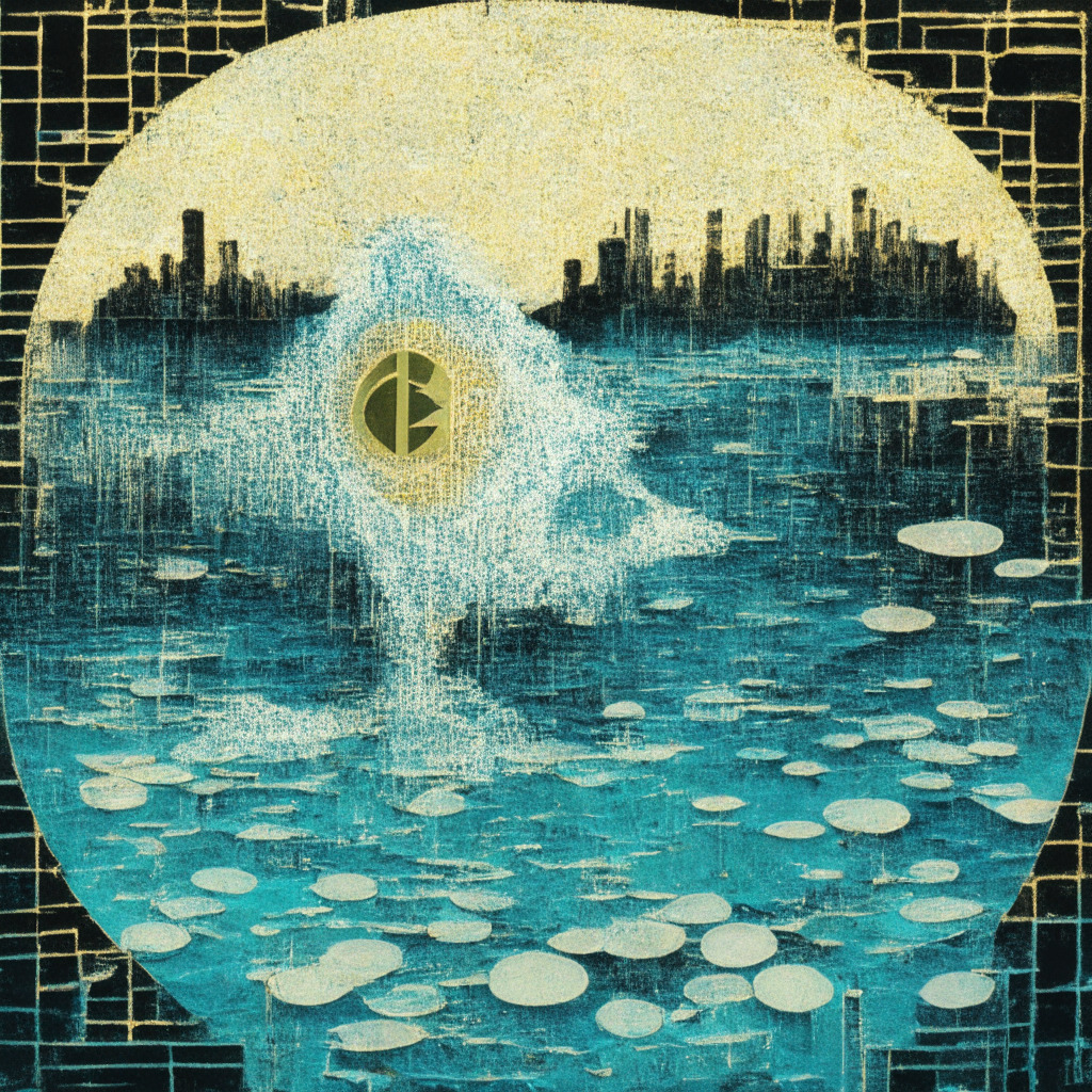 An ethereal scene in an abstract mosaic style representing the fluctuation of Ethereum. A large, symbolic ETH coin in turquoise and gold at the image center, half immersed in ink-dark waters, depicting the recent dip in value. The background, a downward graph in ghostly white, signifies the recent decrement. On the horizon, a promising sunrise in hues of gold and pink, highlighting the optimism for a gradual rise, bathes the scene in diffused, early morning light. The overall mood of the image is thoughtful and contemplative, encompassing both the uncertainty and hope within the cryptocurrency market.