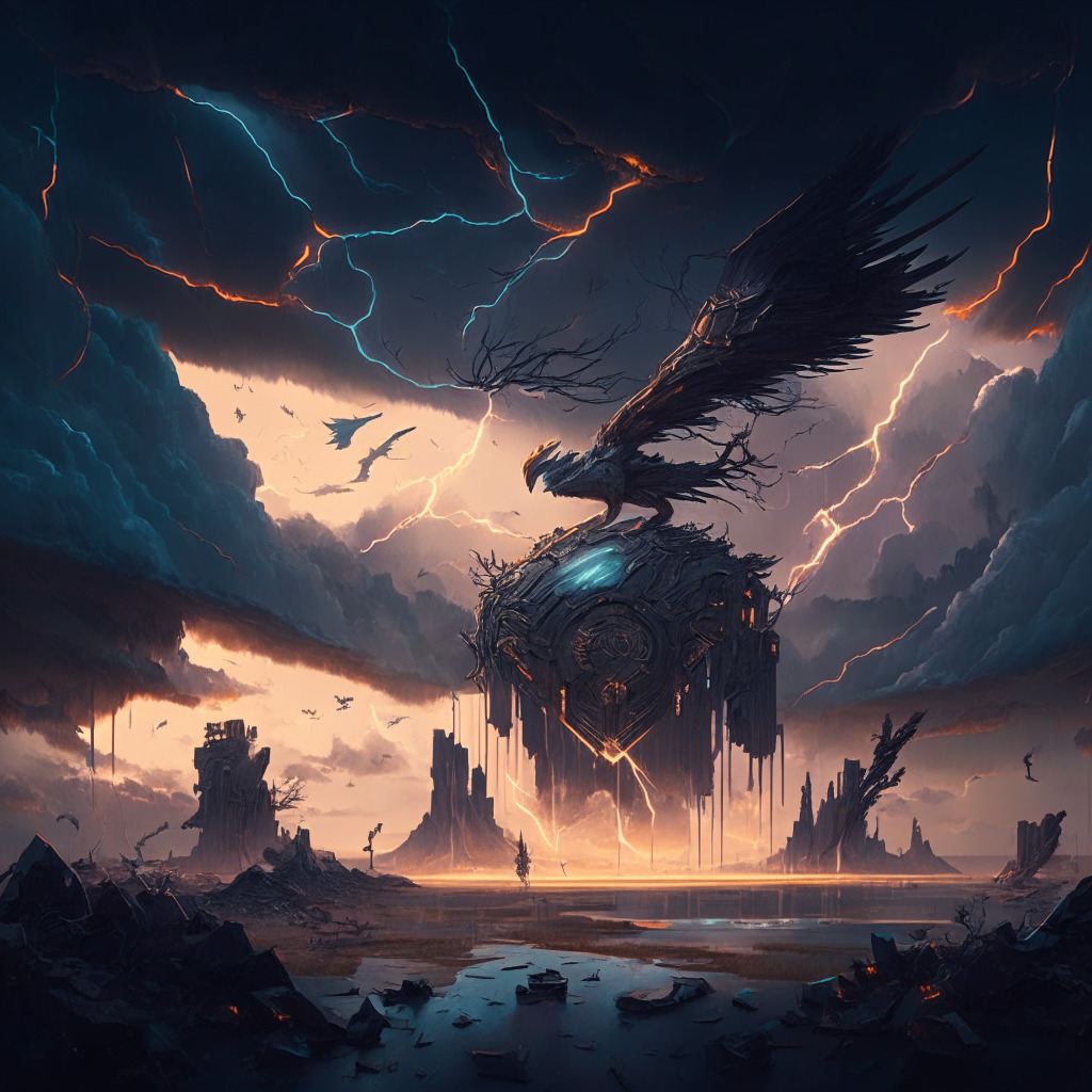 An intricately detailed, digitally-rendered landscape portraying a cybernetic world under a tempest sky, hinting at turmoil. In the foreground, a fallen symbolic representation of Ethereum, bathed in a dim, sullen, copper-hued light. In the distance, a radiant, mechanical phoenix ascends, emblematic of an anticipated rebound. The scene, styled in chiaroscuro, balances paradoxical elements of vulnerability and resilience. Mood: Intense, ominous but hopeful.