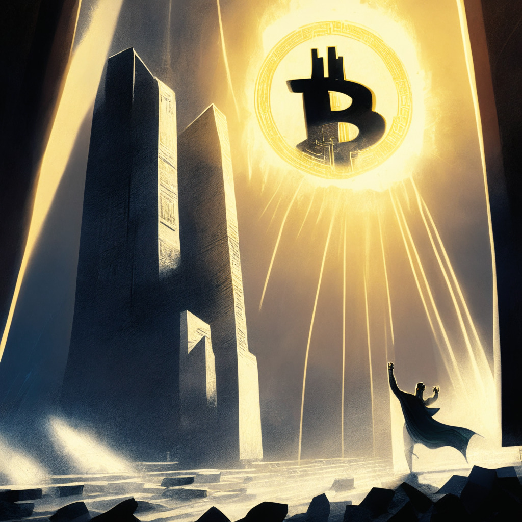 An intensely dramatic scene, chiaroscuro light casting long, ominous shadows. The central focus, two towering futuristic structures representing Ethereum and Bitcoin mid-motion amidst fluctuation, displayed in an expressionistic style. On one side, a potential regulatory endorsement represented by a golden seal poised mid-air. Conversely, the distant prospect of a similar endorsement for Bitcoin is depicted by a seal shrouded in misty uncertainty, far off on the horizon. Surrounding are hopeful spectators embodying the market's speculation and contrasting sentiments, crowd-sourced and uniformly clad in varying degrees of grey to encapsulate the dynamic and volatile nature of the crypto landscape. The overall mood is of anticipation mixed with caution.
