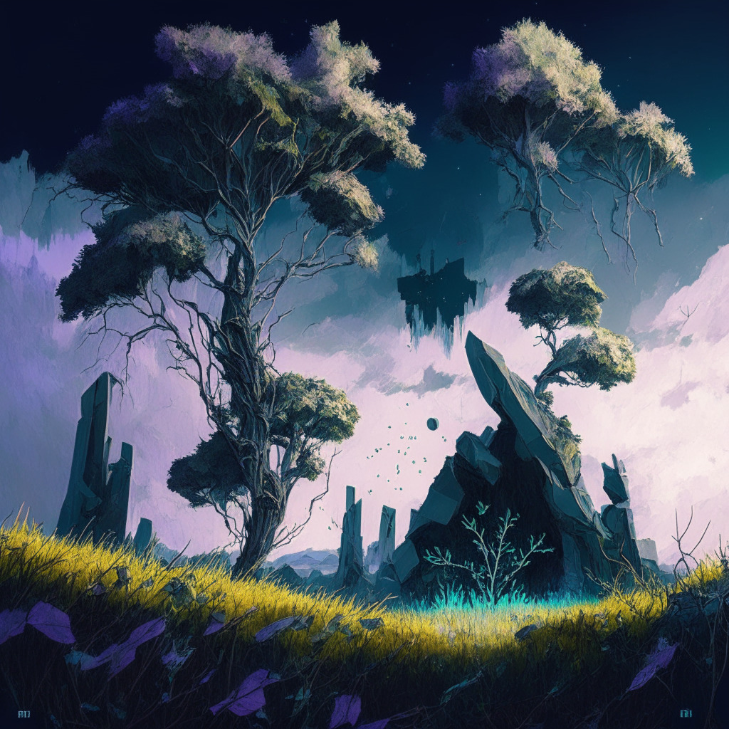 A juxtaposition of a thriving Ethereum staking landscape against a crumbling DeFi sector backdrop. Ethereum staking represented by flourishing, towering trees under a vibrant sky, DeFi segment symbolized by wilting flora under a dark, waning horizon. Use a surrealistic style, stark contrasts in lighting techniques - bright, warm for Ethereum and dark, cold for DeFi. Capture a mood of mixed optimism and anxiety.