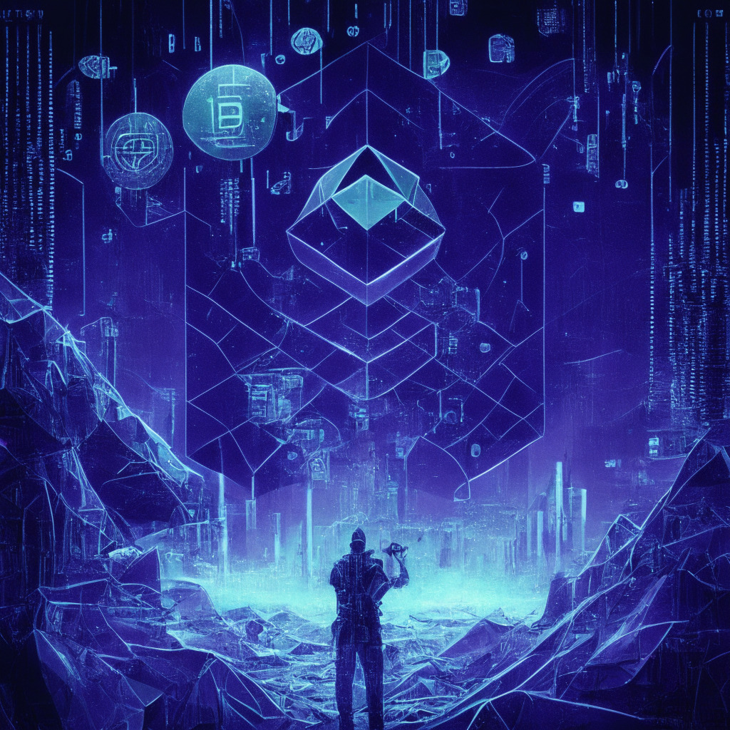 A detailed visual representation of the Ethereum's Balancer Protocol security concern, set against a backdrop depicting the vast and intricate world of blockchain. The mood is tense, reflecting the urgency to act. The style is cyberpunk, capturing the digital and futuristic aspect of the subject. The image predominantly uses cool tones, symbolizing the digital world and risk involved, with sporadic warm lights scattered, signifying hope and security measures. Highlights represent developers' swift remediation efforts. A strong contrast in colors illustrates blockchain's strength and vulnerabilities.