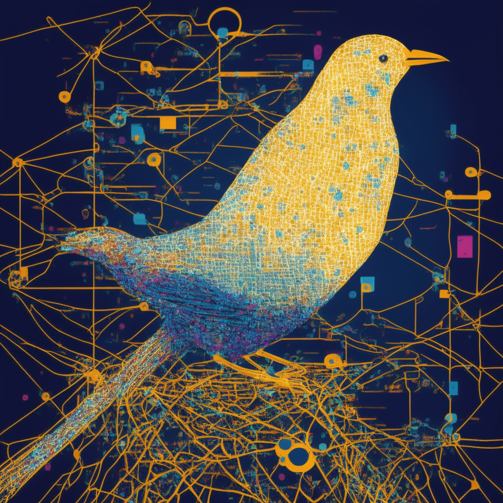 An abstract representation of a decentralized social media platform meshed with blockchain technology, vibrant colors of pixelated code and network nodes running through, hinting at a modern Renoir-like impressionist style. A large, golden bird sustaining an intricate web, representing the community notes tool. Low-light setting, casting a contemplative, intense mood, individuals deciphering its complexity.