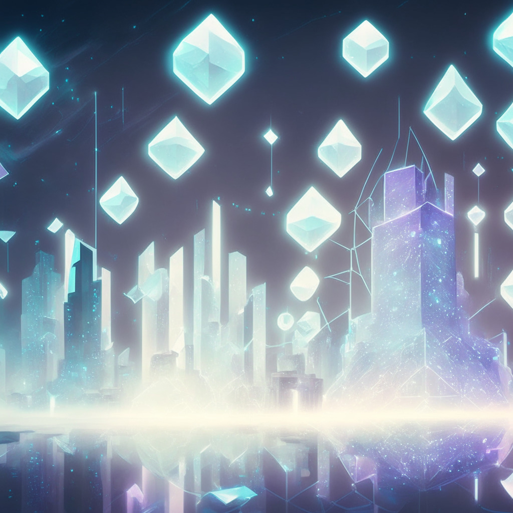 A futuristic digital cityscape brushed in soft pastel tones, entities glisten formed of geometric light symbolizing Ethereum's validators, reflective Ether coins floating around. A glowing L2 Chain emerging, like a beacon from Base, the platform beneath. The atmosphere is dynamic, evoking a sense of growth and evolution, yet serenely tranquil highlighting less network congestion and plausible scaling solutions. Mood is optimistic, reflecting breakthroughs in blockchain evolution.