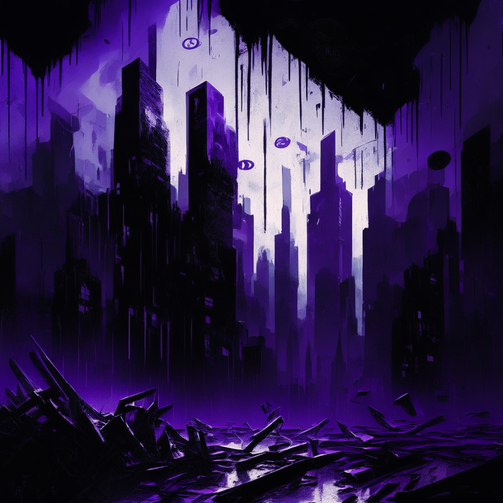 Dystopian cityscape in chiaroscuro lighting reflecting bearish market sentiment, silhouettes of Ethereum coins falling, swirling cryptic symbols suggesting market volatility. Incorporate dominant hues of purple and black to invoke a sense of unease, anxiety. Potent impressionist style symbolizing the ambiguity in future valuation of Ether.