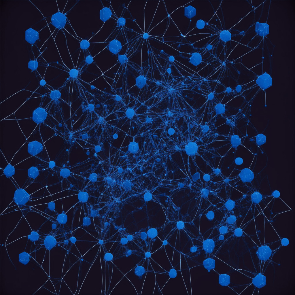 Abstract visualization of Ethereum network with varying shades of digital blue, illustrating healthy nodes in a web of decentralization against black backdrop, Illuminated nodes demonstrating successful transactions, others in shadows hinting centralization risks, A stylized portrayal of 51% attack in crimson creeping in, Remote image of clustered nodes, signifying potential opaque actions undercutting decentralization ethos, Overall mood is dramatic, tense and hopeful, with a hint of caution.