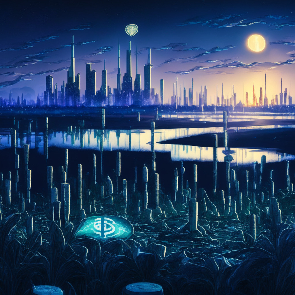 An illustrious cryptocurrency landscape at twilight, representing Ethereum's Liquid Staking Derivatives market. The foreground portrays a fertile field, symbolizing potential growth, sprouting 24 billion dollar bills, indicative of the potential surge. The background holds imposing skyscrapers, with their lights projecting the market capitalization landmark of $18 billion. An impressionist style, it evokes anticipation, with strokes of color implying the volatility and promise of the crypto market. Undertones of potential setbacks shown as hazy clouds on the horizon. Mood: cautious optimism.