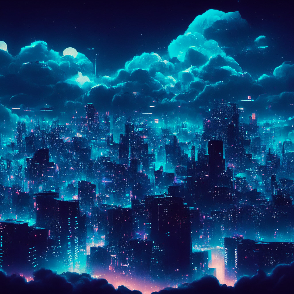 A moonlit cityscape with a digital flair, highlighted by nebulous low-hanging cloud formations, Stormy teal skies and a rising moon of radiant sapphire, cast a soft, illuminating gleam upon the sprawling metropolis, Buildings dotting the landscape are composed of ethereal neon light cubes, symbolizing network nodes, and ethereal bridges of light, representing the connections between them, hinting at scaled blockchain networks, Gossamer strands of light swirl around the scene, suggesting rapid data transfer. The mood should evoke serenity and efficiency — a calm, rhythmic flow of reducing pressure and increasing speed in a network system, A nod to Ethereum's successful scaling solutions in the face of increasing adoption and competition.