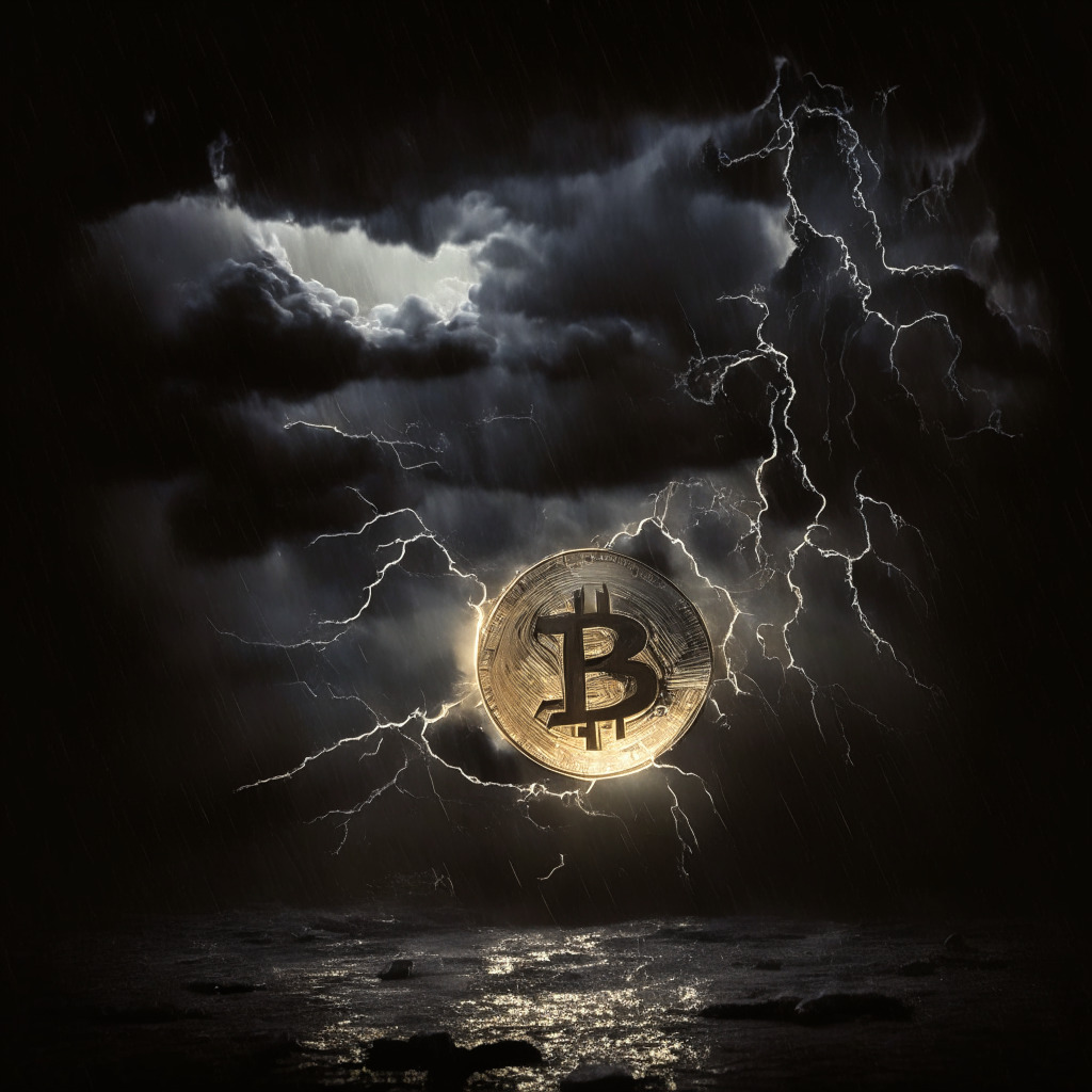 Imagery of the Ethereum coin caught in a storm, struggling to rise against an ominous, dark sky, accentuated by Rembrandt-style chiaroscuro light play. The dramatic lighting intensifies the coin's visible struggle, emphasizing a tense, uncertain mood. Flickers of light on the coin hint at its potential recovery, symbolizing resilient fundamentals amidst the chaotic backdrop.